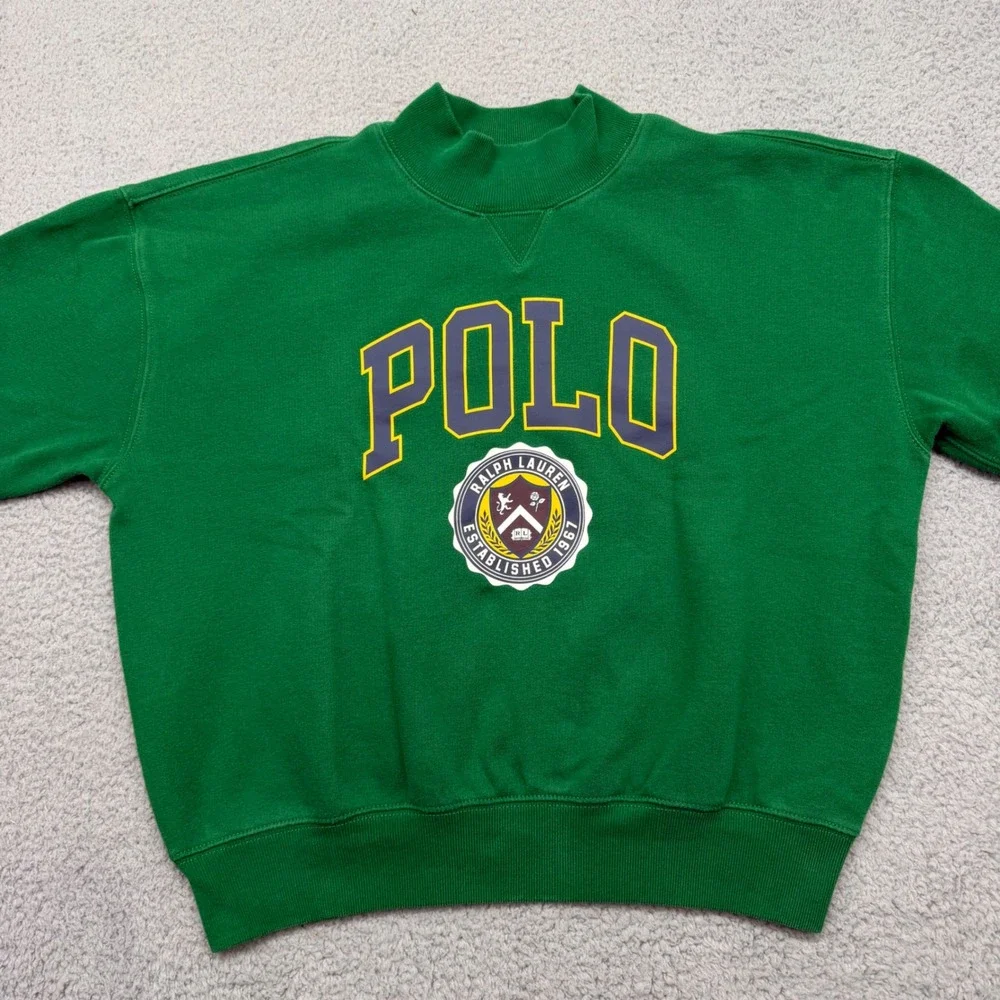 Ralph Lauren Girls XL 16 Green Graphic Crest Logo Fleece Mockneck Sweatshirt